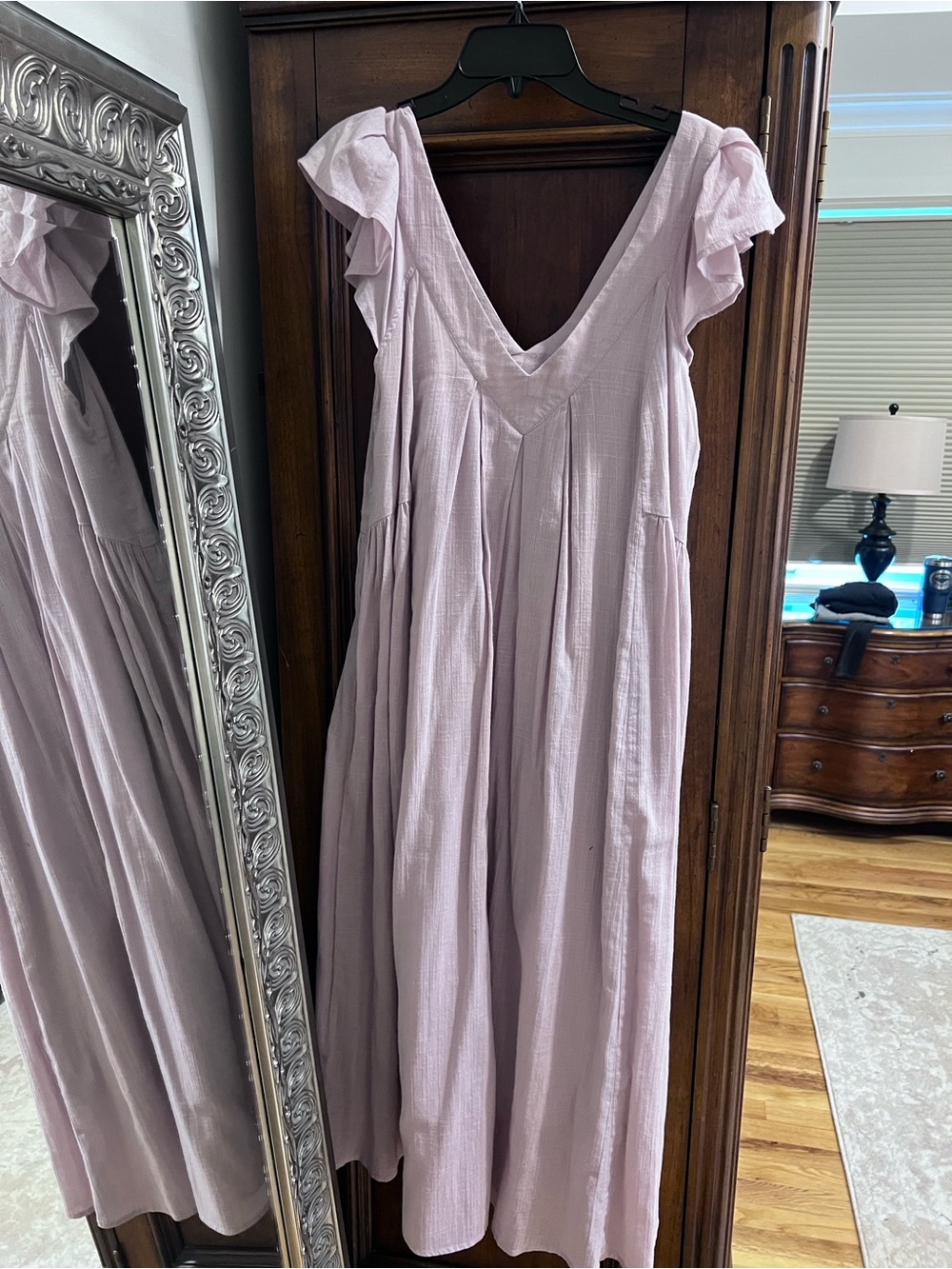 Lavender V-Neck Flutter Sleeve Maxi Dress great for summer. Light weight